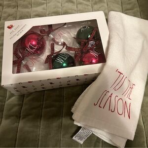 Rae Dunn Holiday Ornament Set with like new Tea-Towel
